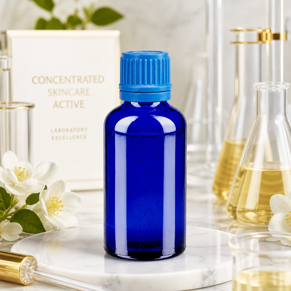 Handliche 50ml Blauglasflasche mit strukturiertem Deckel ideal für Seren und Konzentrate