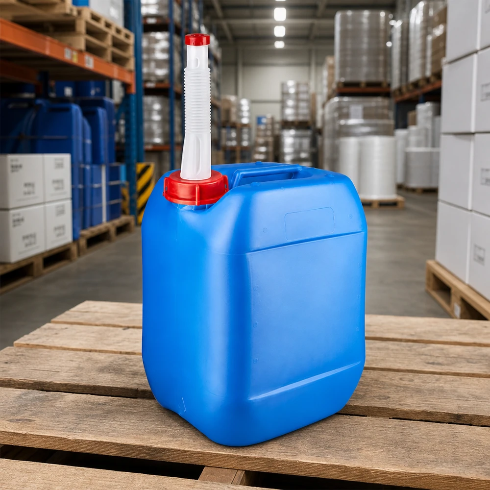 Blauer UN-Kanister 10L mit flexiblem Einfüllrohr für Chemikalien und Betriebsstoffe