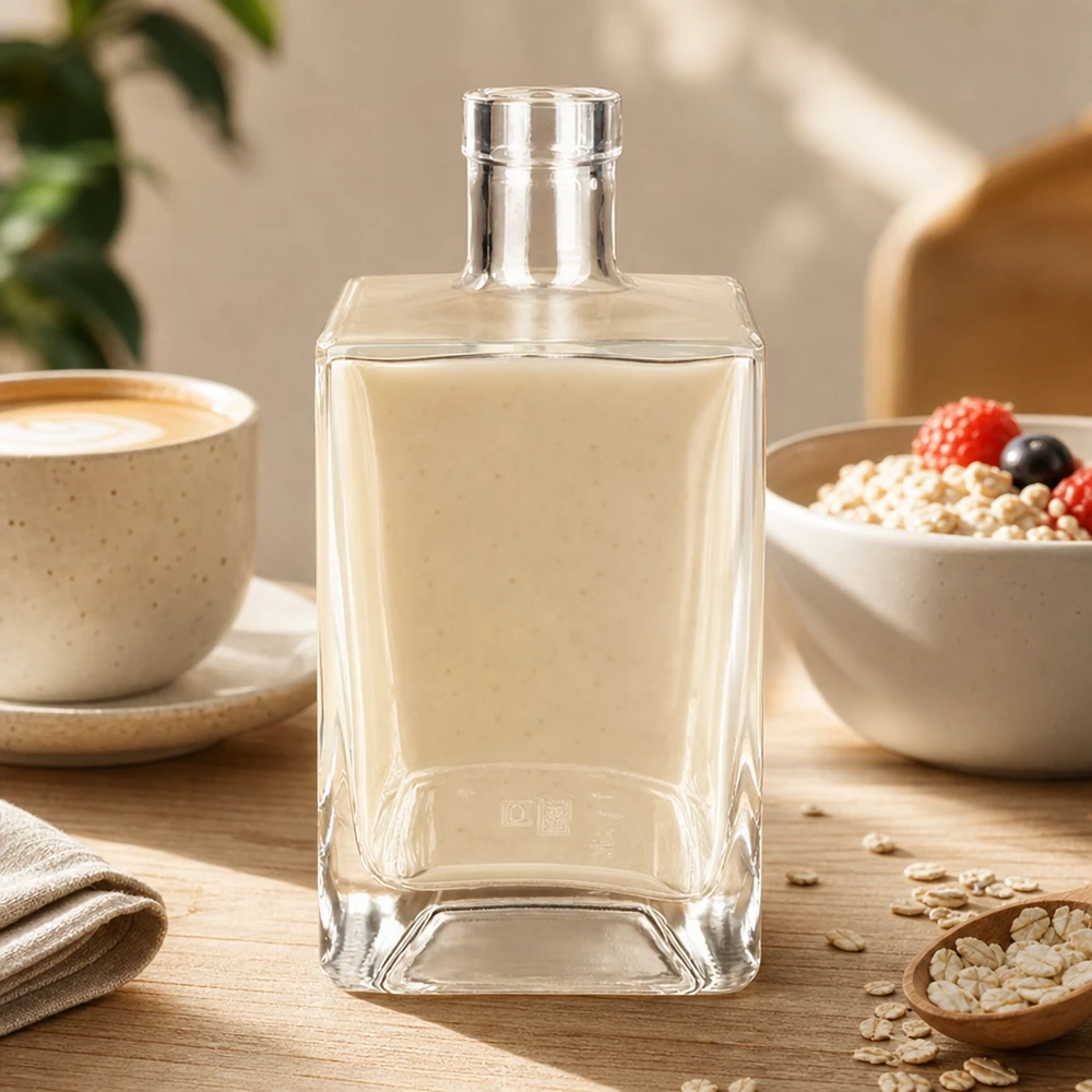 700ml Glasflasche Ben transparent rechteckig auf Holztisch mit Kaffeetasse und Müslischale lifestyle Ambiente