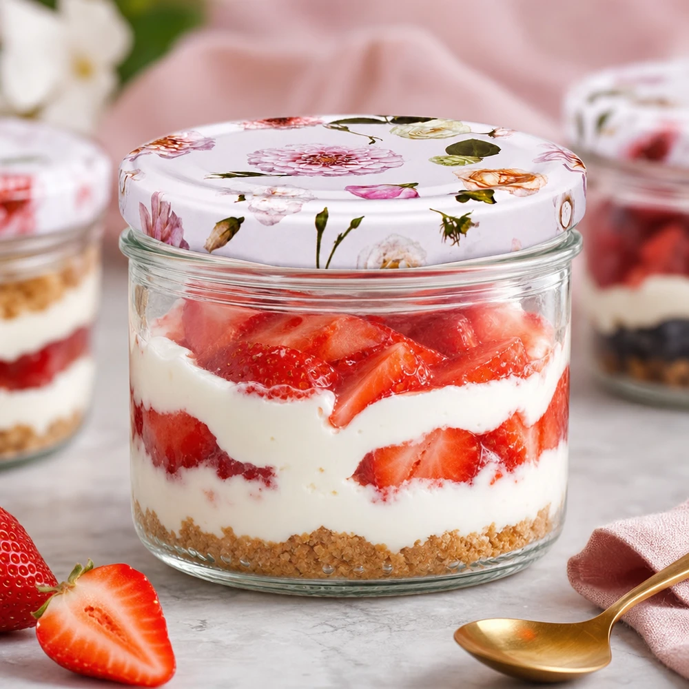 230ml válcová sklenice + víčko BasicSeal květinově růžová Erdbeer-Dessert im 230ml Zylinderglas mit BasicSeal Deckel Blume rosa - Schichtdessert mit frischen Erdbeeren