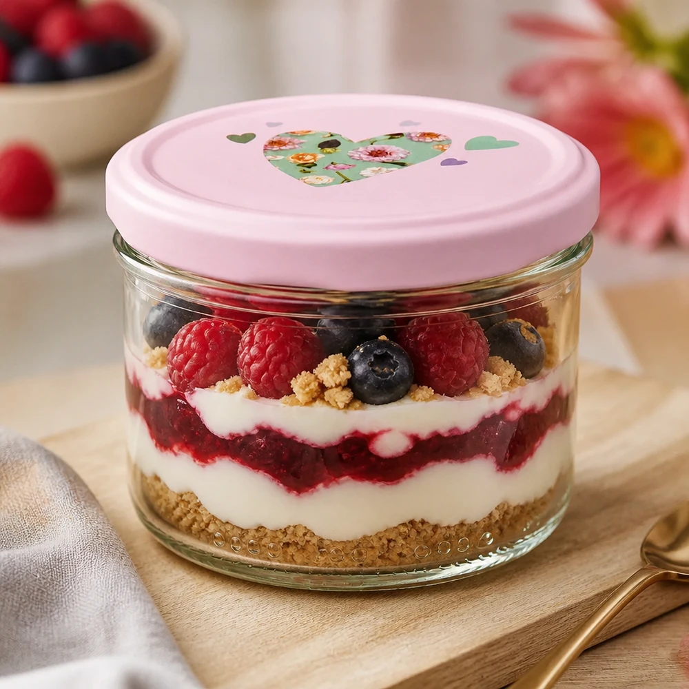 230ml válcová sklenice + víčko BasicSeal srdíčková růžová 230ml Einmachglas gefüllt mit Beerenschichtdessert, rosa Herz-Deckel, praktisch für Meal Prep und Desserts