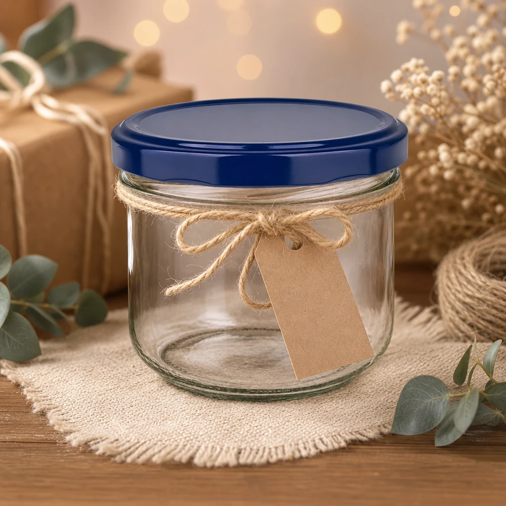 260ml tumblery + víčko BasicSeal modré UNiTWIST 260ml Sturzglas mit blauem UNiTWIST Deckel dekorativ arrangiert mit Juteschleife und Geschenkanhänger als Präsent