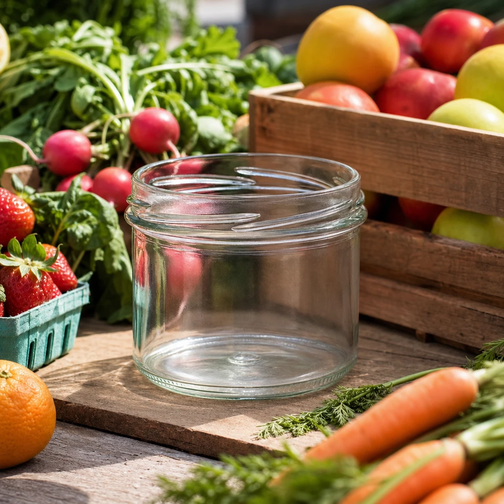 Tumbler 225ml bez víčka (TO82) UNiTWIST UNiTWIST Sturz225 Sturzglas 225ml TO82 leer auf Holztisch mit frischem Obst und Gemüse für Einkochen und Konservieren