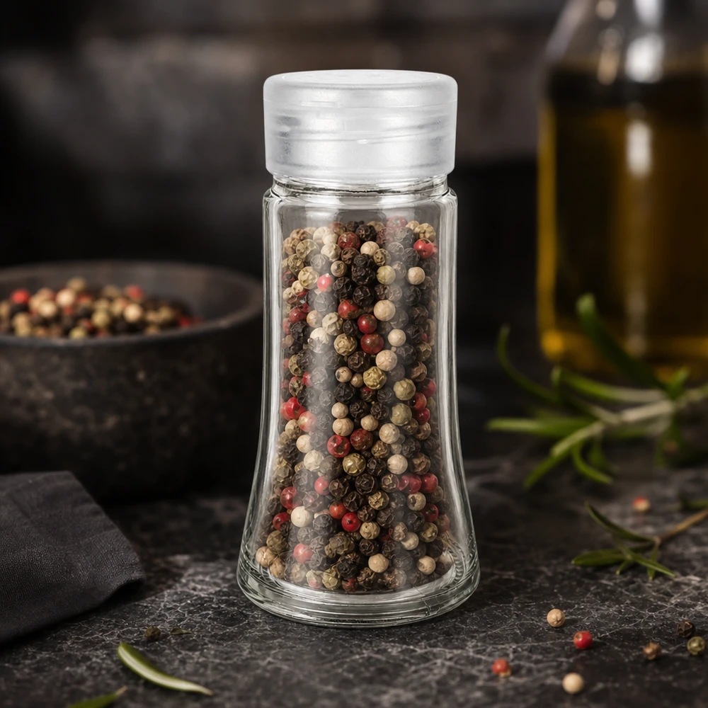 Dóza na sůl/koření 95ml s šejkrem bílá Mehrfarbige Pfefferkörner im bauchigen 95ml Glasgefäß mit weißem Streueraufsatz auf Schiefer