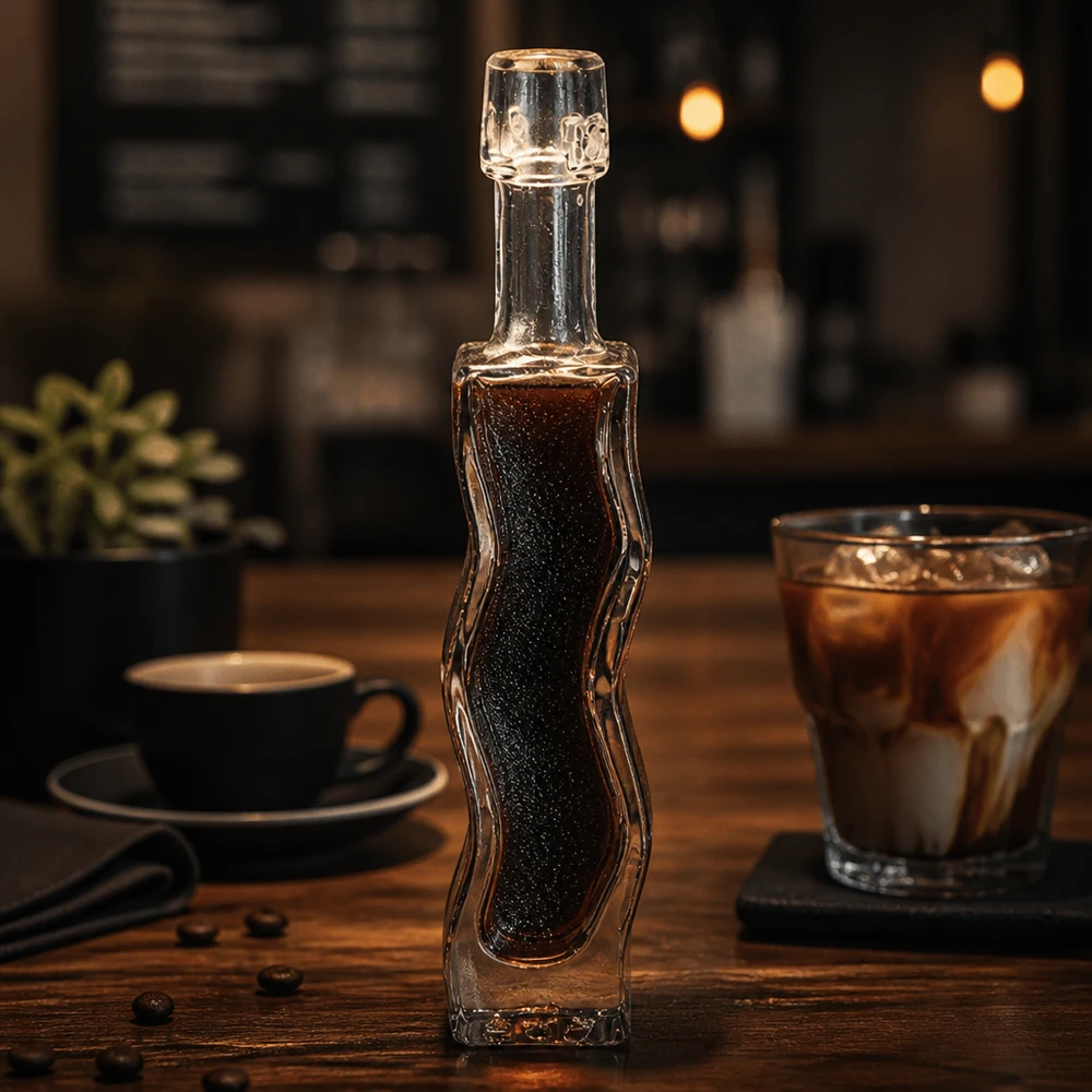 40ml Glasflasche Anna mit dunklem Kaffeesirup befüllt Café-Ambiente Holztisch Anwendungsbeispiel Barista-Zubehör
