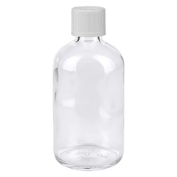 Lékárenská láhev čirá 100ml šroubovací uzávěr bílý standard odolný proti otevření dětmi.