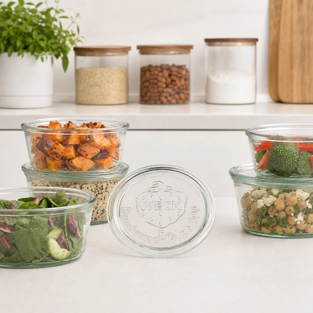 Skleněné víčko WECK RR100 WECK Glasdeckel RR100 für Meal Prep Schalen mit vorbereiteten Salaten und Gemüse in moderner Küche