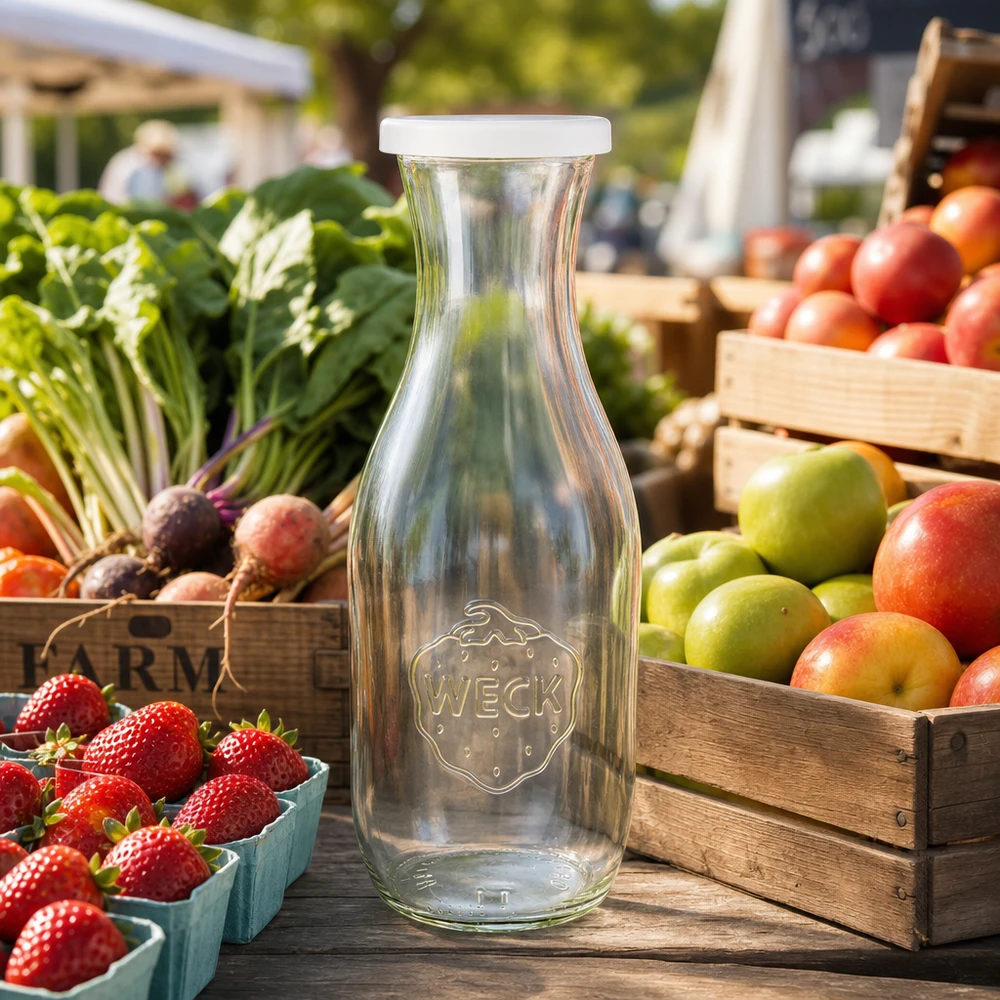 1062ml láhev na šťávu s víčkem WECK RR60 pro zajištění čerstvosti. WECK Saftflasche 1062ml mit weißem Deckel auf Bauernmarkt zwischen frischem Obst und Gemüse in Holzkisten