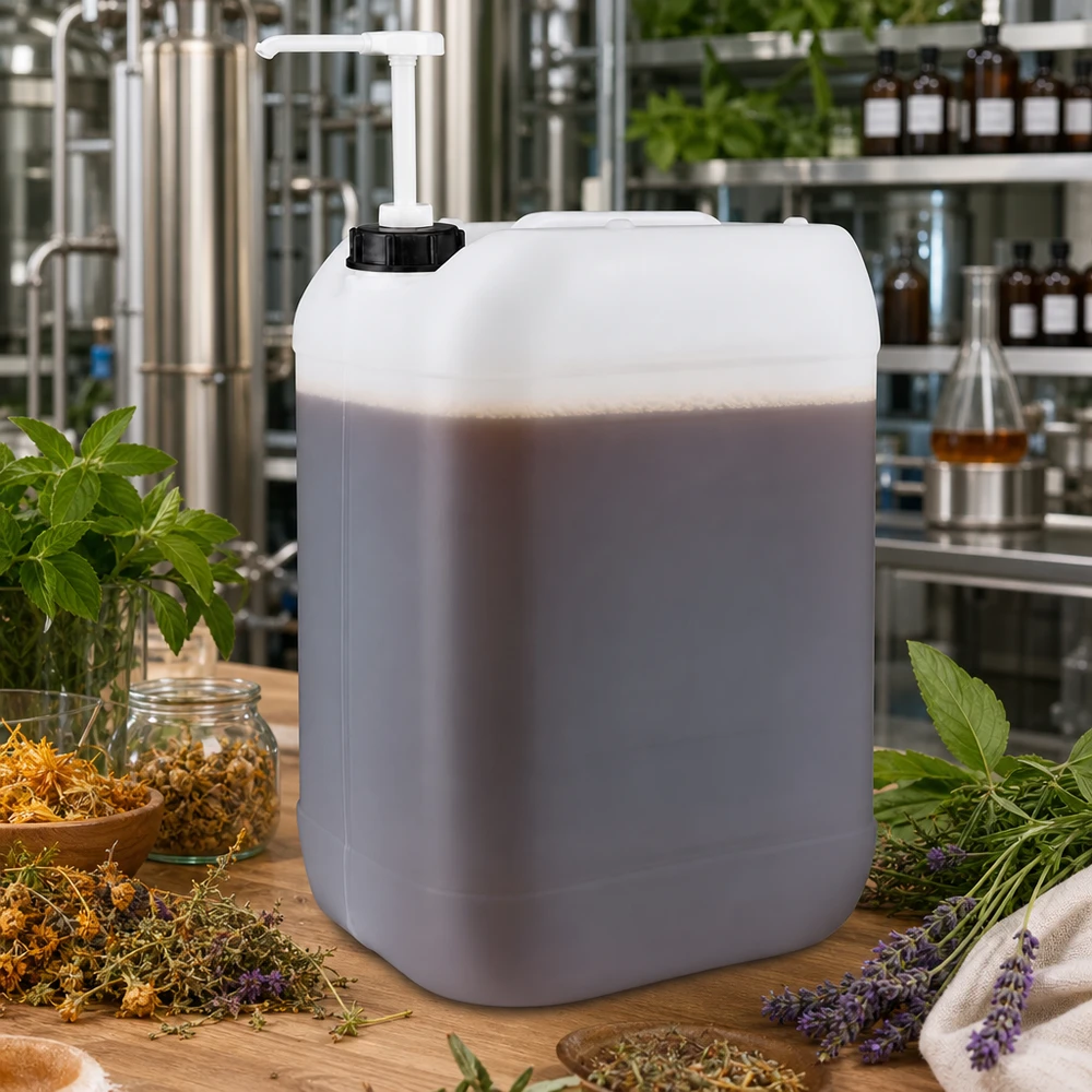 Kanystr 25 litrů s dávkovacím čerpadlem Bulk-Behälter 25 Liter mit Dosierpumpe für Kräuteressenzen neben Glasgefäßen und Erlenmeyerkolben