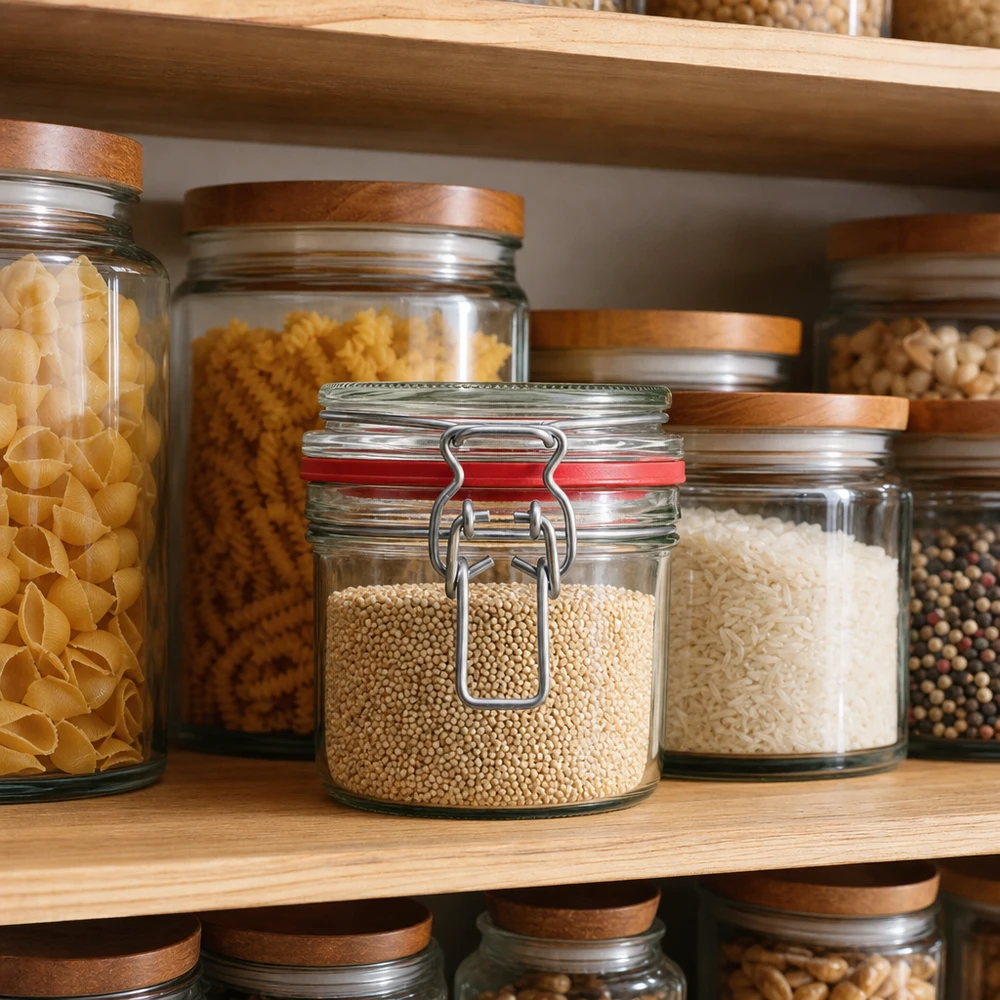 Skladovací sklenice o objemu 255 ml s gumovým kroužkem a výkyvným víčkem UNiTWIST. Vorratsgläser 255ml in organisierter Küchenpantry mit Nudeln, Reis und Gewürzen - praktische Küchenorganisation