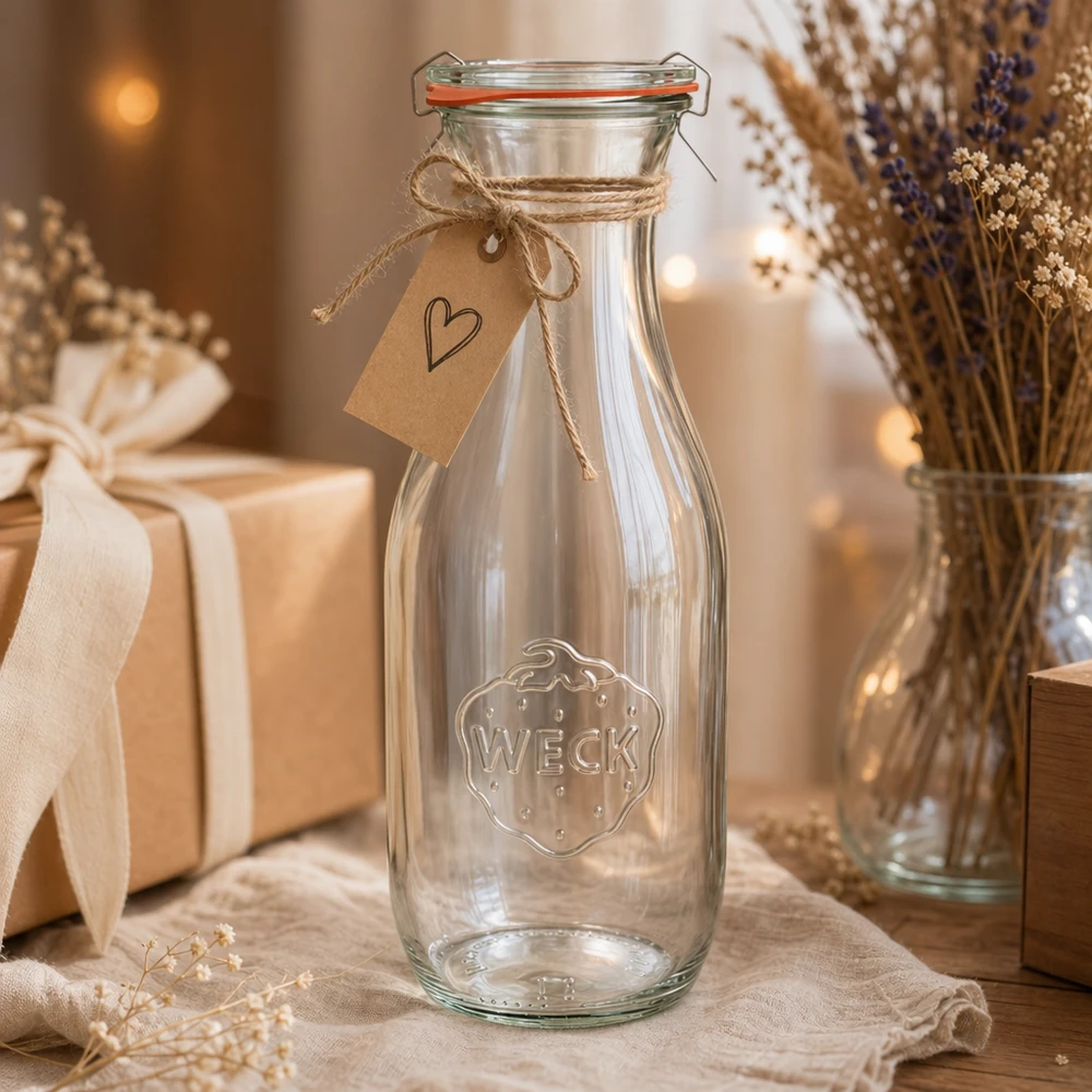 1062ml láhev na šťávu kompletní WECK RR60 WECK Saftflasche 1062ml RR60 dekorativ mit Juteschnur und Herzanhänger als Geschenk rustikal inszeniert
