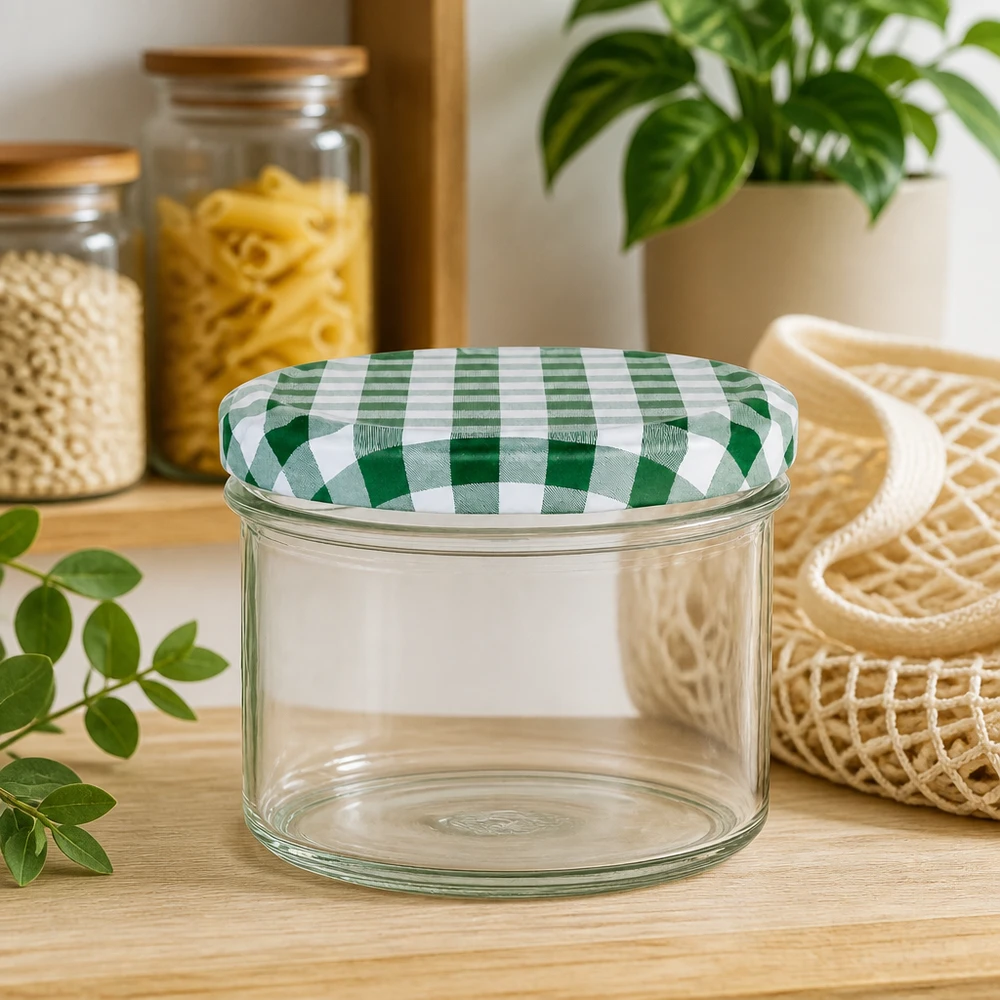 225ml kelímky + víčko BasicSeal zelená/bílá UNiTWIST. 225ml Sturzglas mit grün-weißem Karodeckel auf Holztisch neben Aufbewahrungsgläsern und Pflanzendekoration
