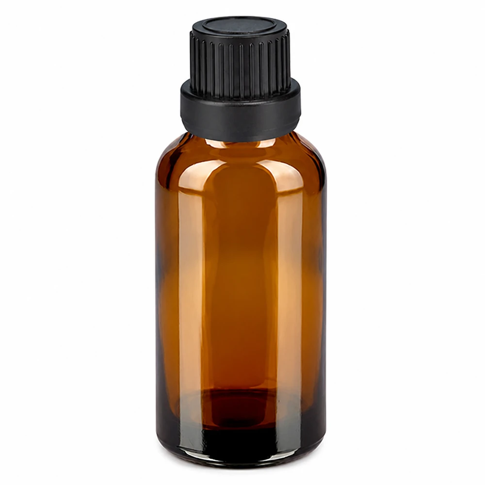 30ml láhev s 11mm šroubovacím uzávěrem černá s tamperemII BrownLine UT18/30 30ml Medizinflasche aus UV-beständigem Braunglas mit sicherem Schraubdeckel