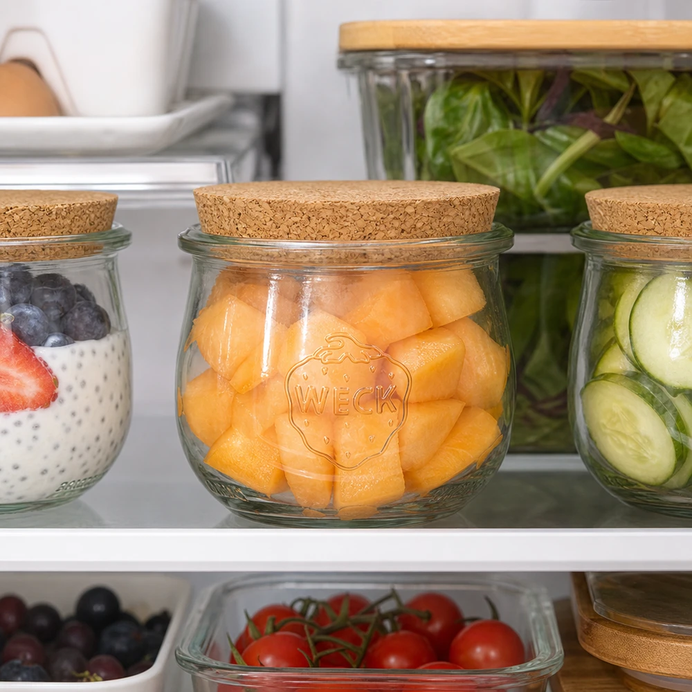 370ml tulipánová zavařovací sklenice WECK RR80 s korkem přírodní WECK Tulpenglas 370ml RR80 mit Naturkorken im Kühlschrank zur Aufbewahrung von Cantaloupe Melone und Gemüse
