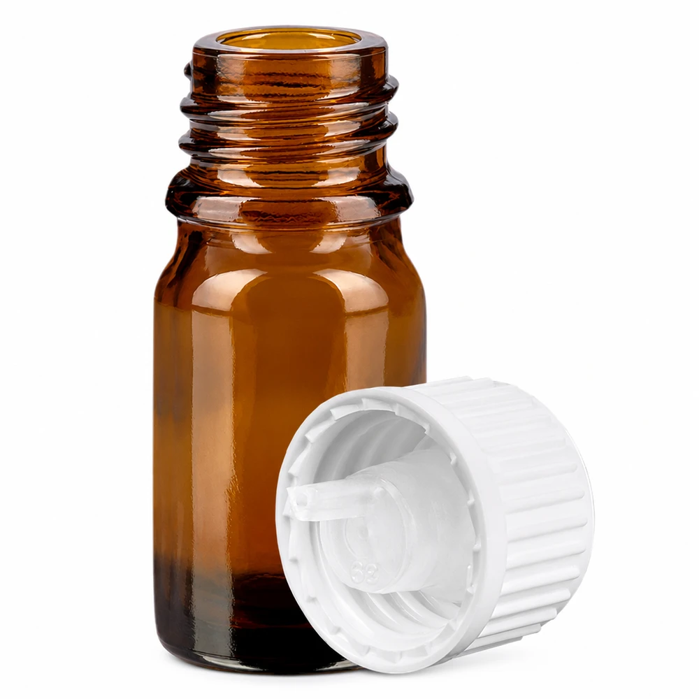 5ml lahvička s kapátkem 0,9 mm bílá standardní uzávěr BrownLine UT18/5 Hochwertige 5ml Glasflasche braun mit weissem Tropfverschluss UT18 Gewinde BrownLine