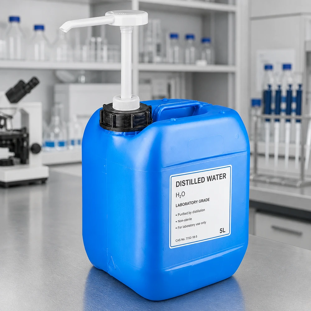 Laborkanister 5L in Blau mit Pumpvorrichtung neben Mikroskop und Reagenzgläsern