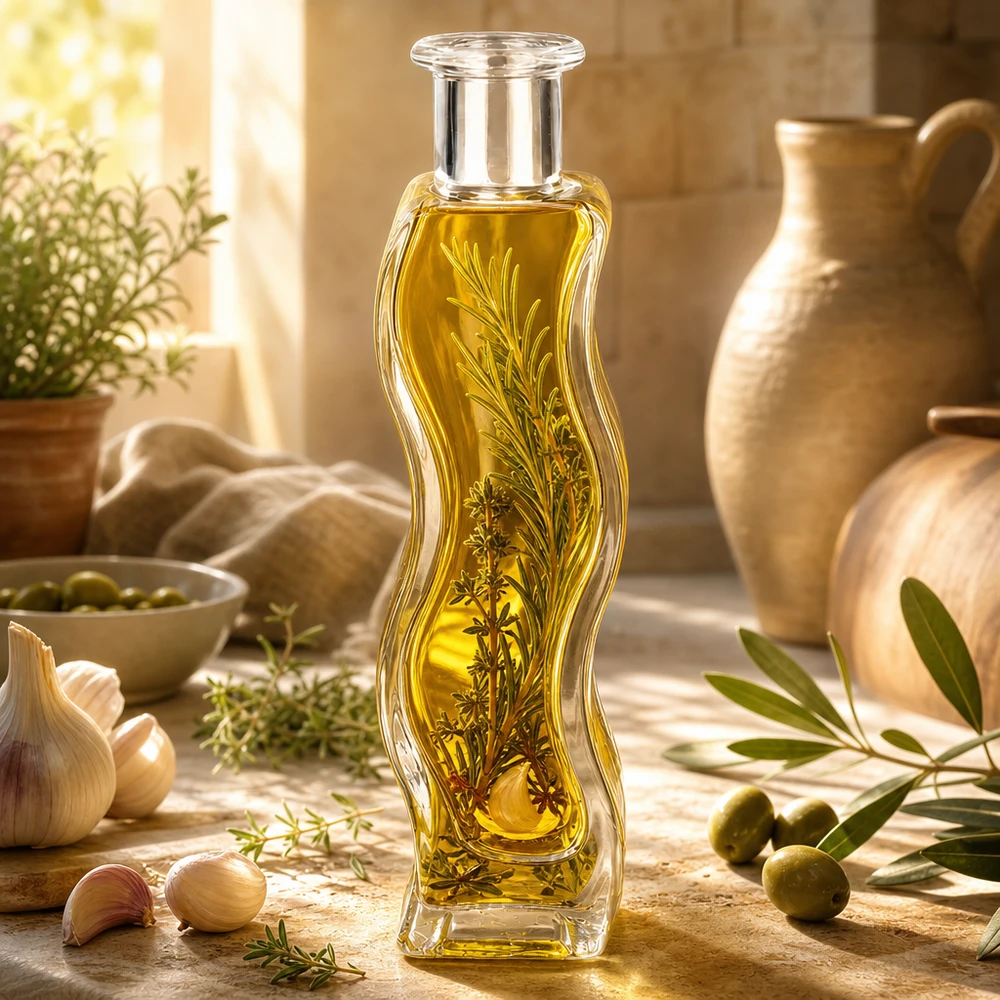 100ml Glasflasche Melissa gefüllt mit Kräuteröl und Rosmarinzweigen in mediterraner Küche mit Oliven und Keramik