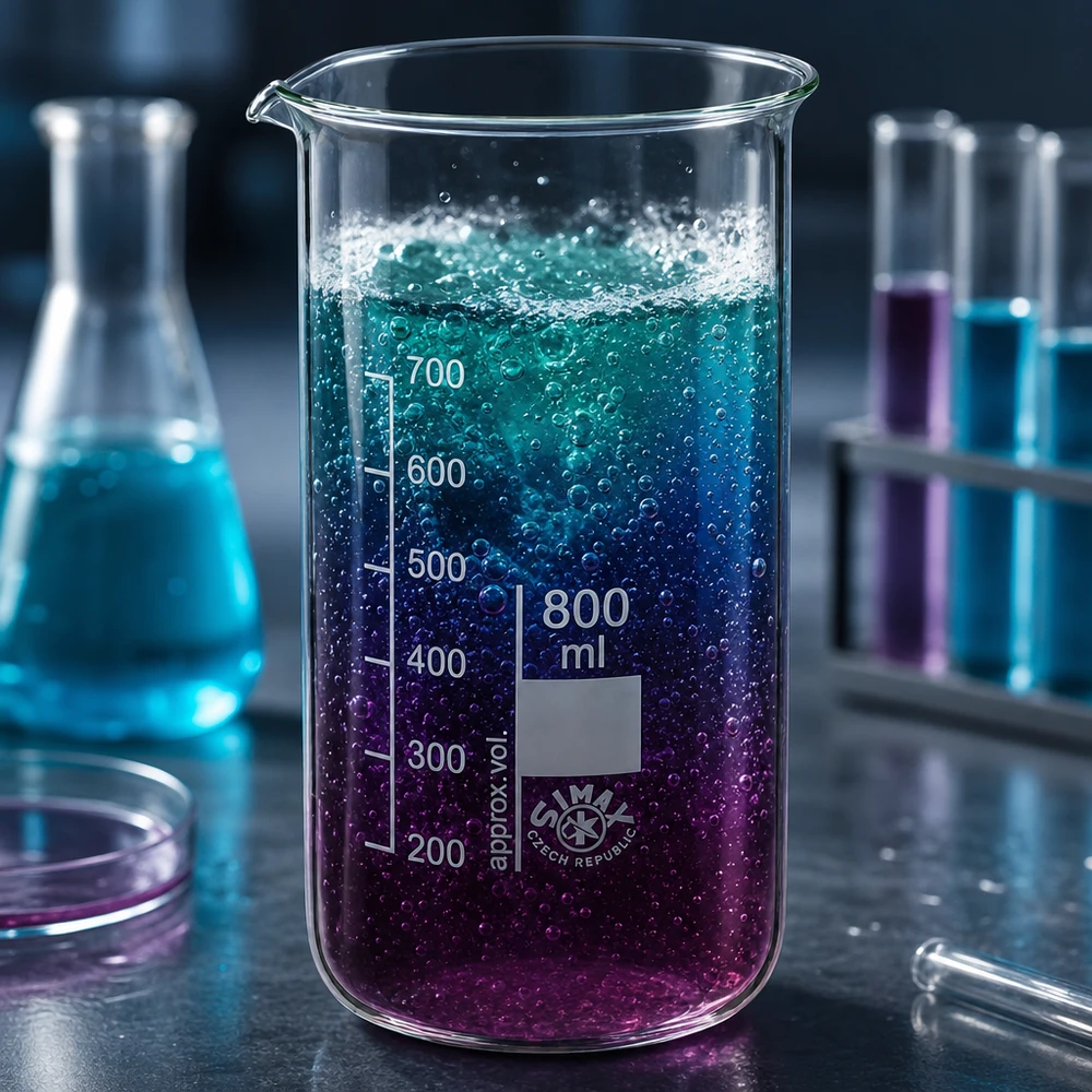 Kádinka 800ml z borosilikátového skla, vysoký tvar Chemisches Experiment im 800ml Becherglas hohe Form mit violett-blauer Flüssigkeit und Schaum