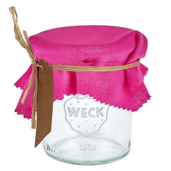Látkový ubrousek na šperky růžový 12cm čtvercový Pinkes Stoff Schmuckdeckchen 12cm eckig auf Weck Glas mit braunem Etikett und Bast als Verschlussabdeckung
