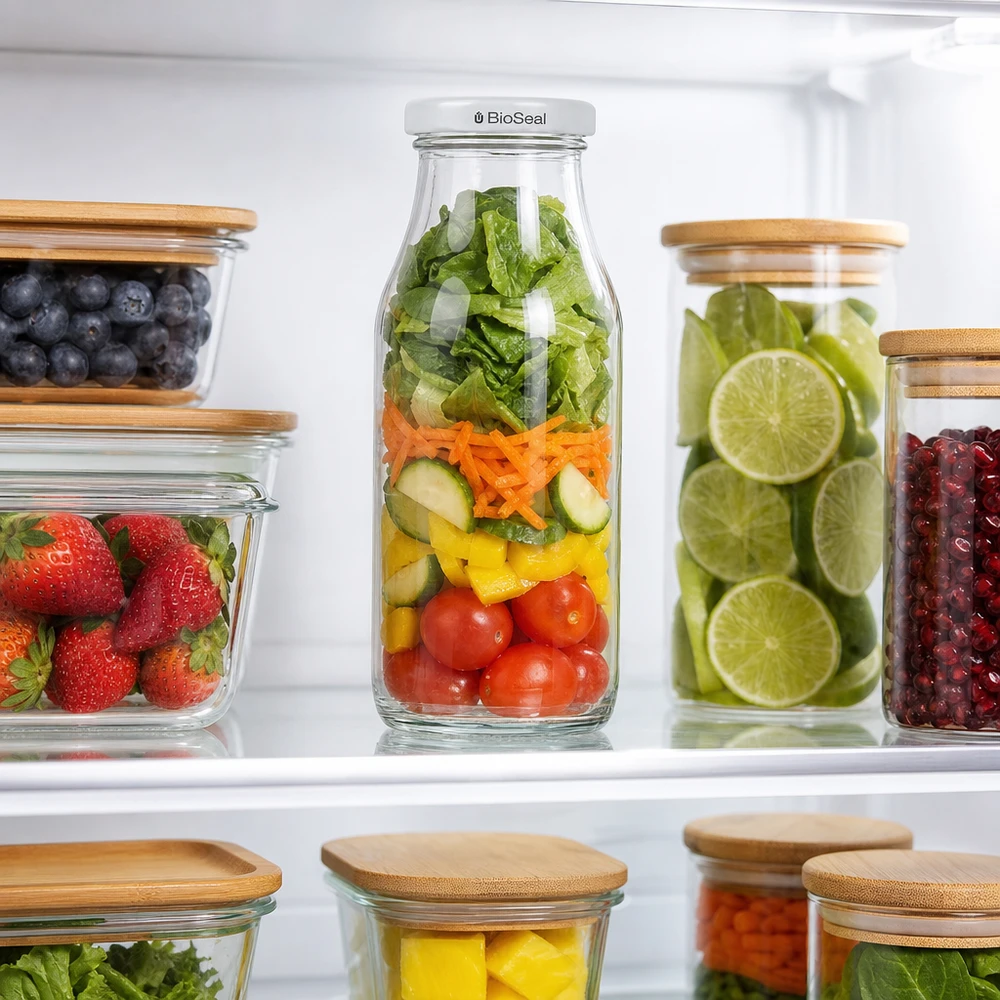Láhev o objemu 263 ml s víčkem BioSeal bílá UNiTWIST UNiTWIST Bottle263 mit BioSeal Deckel gefüllt mit Salat im Kühlschrank neben anderen Glasvorratsbehältern