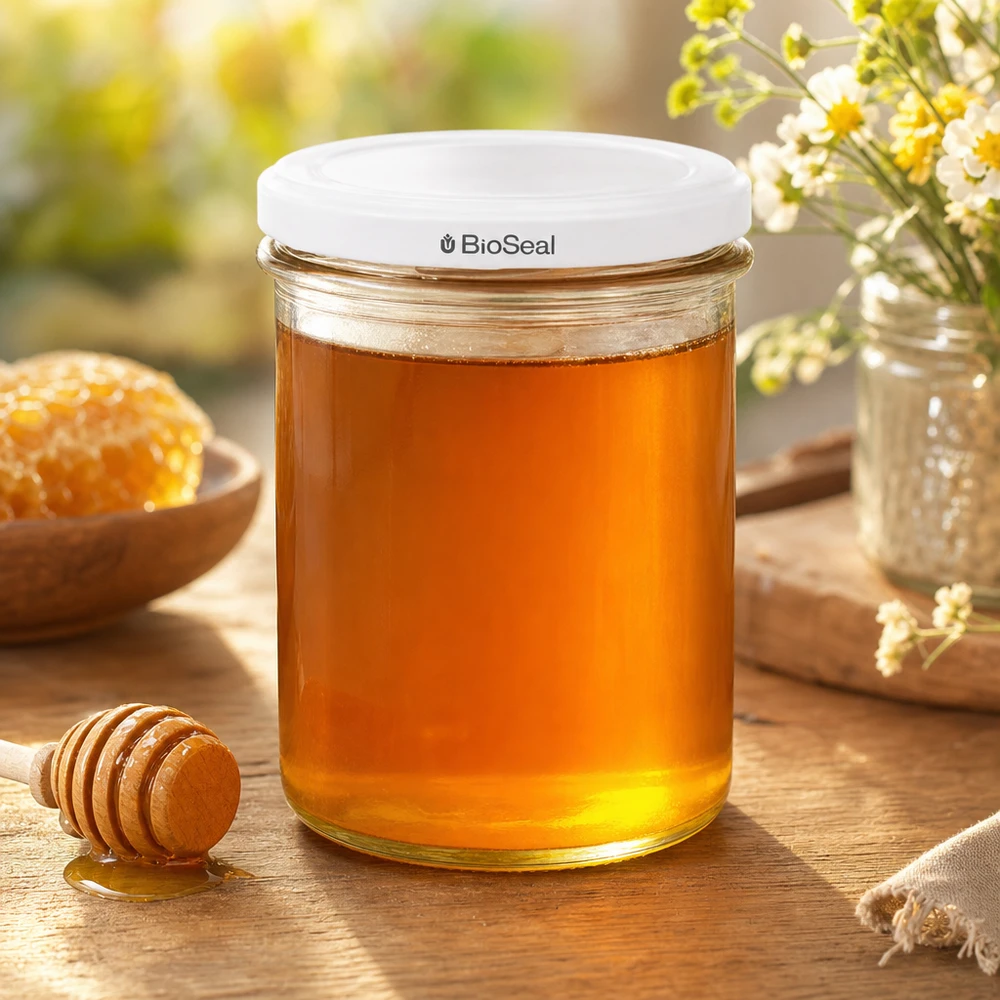 Tumbler o objemu 350 ml s bílým víkem UNiTWIST BioSeal. UNiTWIST Sturz350 mit weißem TO82 BioSeal Deckel gefüllt mit Honig zeigt perfekte Eignung für Marmeladen und Aufstriche