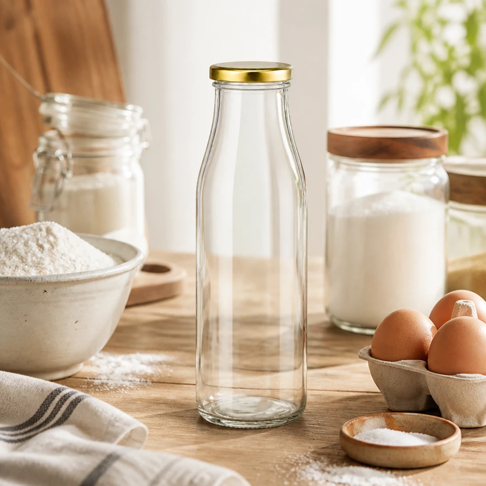 500ml skleněná láhev + víčko BasicSeal zlaté UNiTWIST 500ml Glasflasche BasicSeal Deckel gold in Backküche mit Mehl Eiern Milchglas auf Holzarbeitsfläche Küchenutensilien