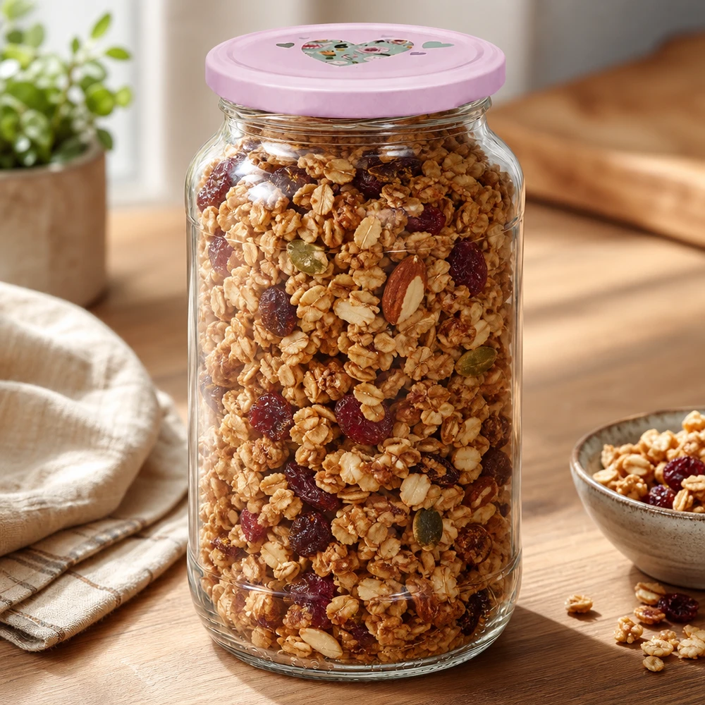 1062ml kulatá sklenice + víčko BasicSeal srdíčková růžová UNiTWIST Befülltes 1062ml Rundglas mit rosa Herz-Deckel zeigt Müsli mit Cranberries als praktisches Vorratsglas in Küche