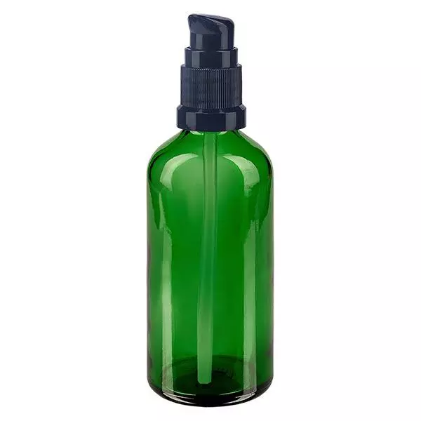 Lékárenská láhev zelená 100ml s pumpičkovým uzávěrem černá standardní Lékárenská láhev zelená 100ml s pumpičkovým uzávěrem černá standardní