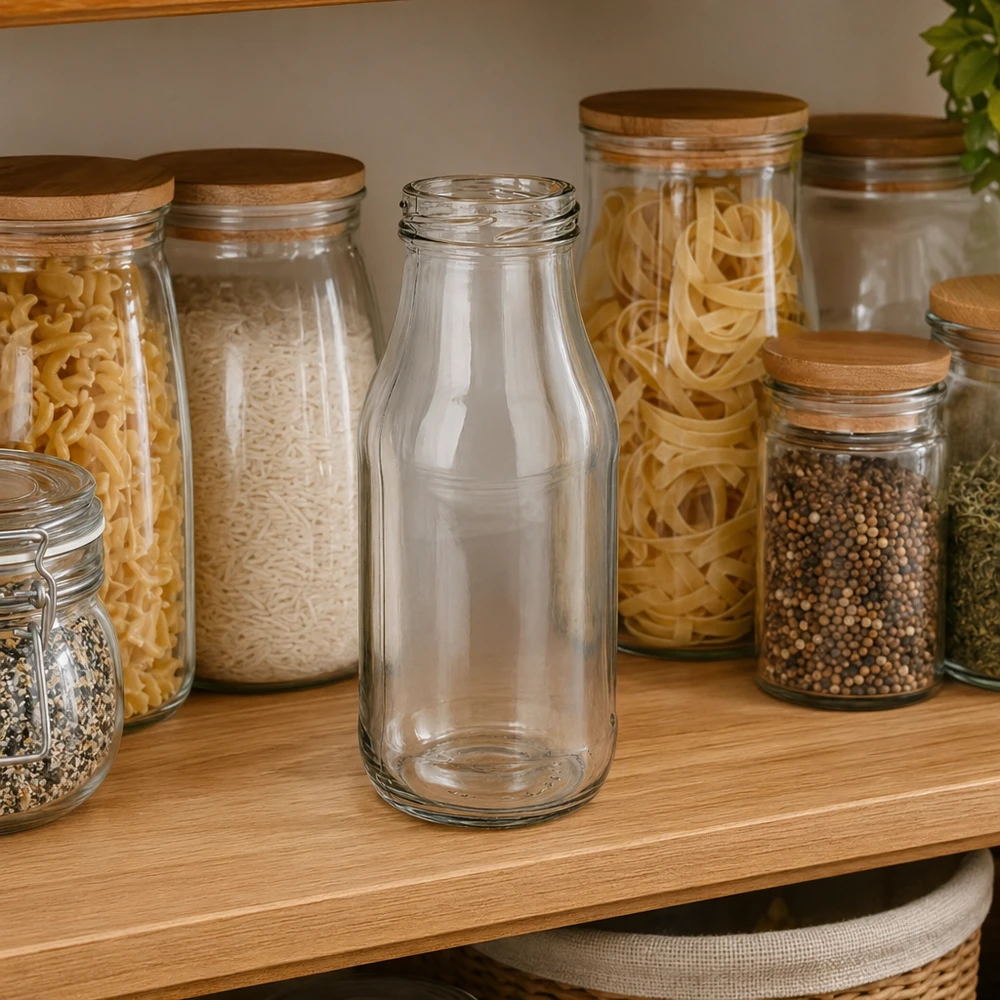 Láhev o objemu 263 ml bez víčka (TO43) UNiTWIST UNiTWIST Bottle263 Glasflasche 263ml TO43 leer transparent auf Holzregal neben Vorratsgläsern mit Pasta und Gewürzen