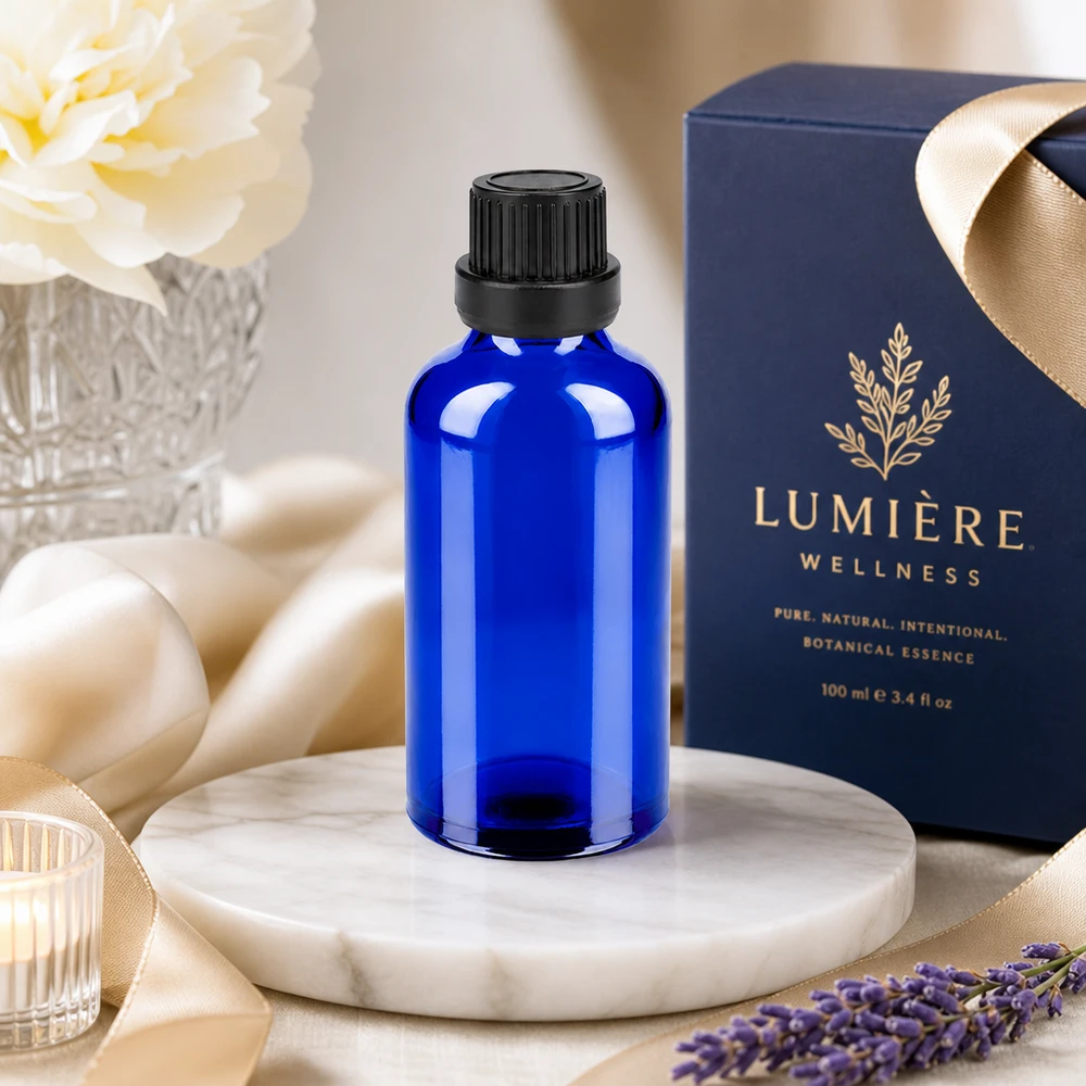 Stilvolle 50ml Kobaltglasflasche mit mattem schwarzem Deckel für Naturkosmetik
