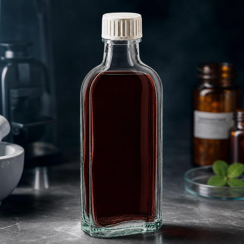 100 ml čirý šroubovací uzávěr Meplat s pěnovou vložkou PE. Klare Meplat Flasche mit auslaufsicherem Weißverschluss vor dunklem Laborhintergrund 100ml