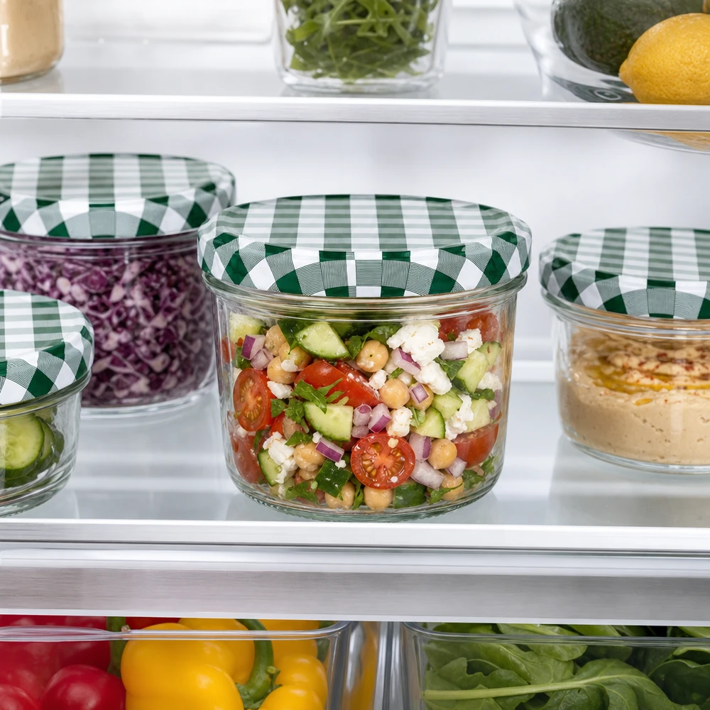 230ml Sturzglas BasicSeal Deckel grün-weiß kariert Kühlschrank Aufbewahrung Salat Meal Prep Vorratsdosen Set