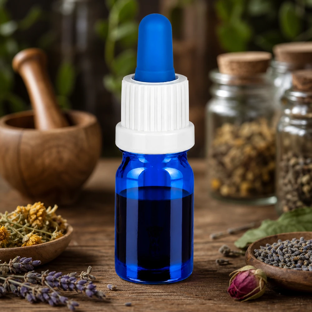 5ml pipetovací lahvička bílá/modrý uzávěr s ochranou proti manipulaci BlueLine UT18/5 Praktische kleine Glasflasche 5ml mit Tropfpipette für mobile Anwendung unterwegs