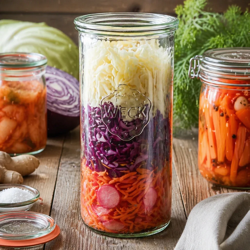 WECK Sturzglas 1500ml RR100 mit fermentiertem Gemüse Sauerkraut auf Holztisch zwischen frischen Zutaten