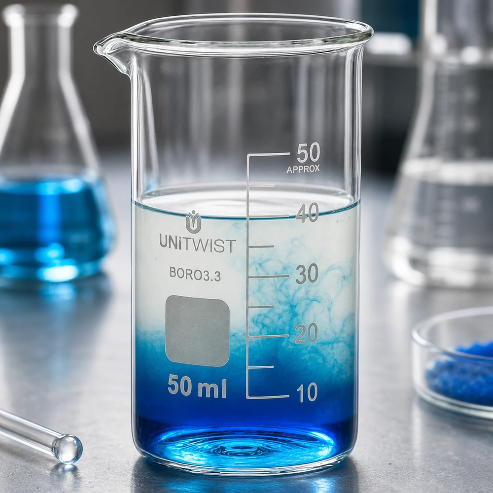 Kádinka 50ml borosilikátová, vysoká forma UNiTWIST Klares Borosilikatglas Becher 50ml hohe zylindrische Form mit Milliliter-Graduierung