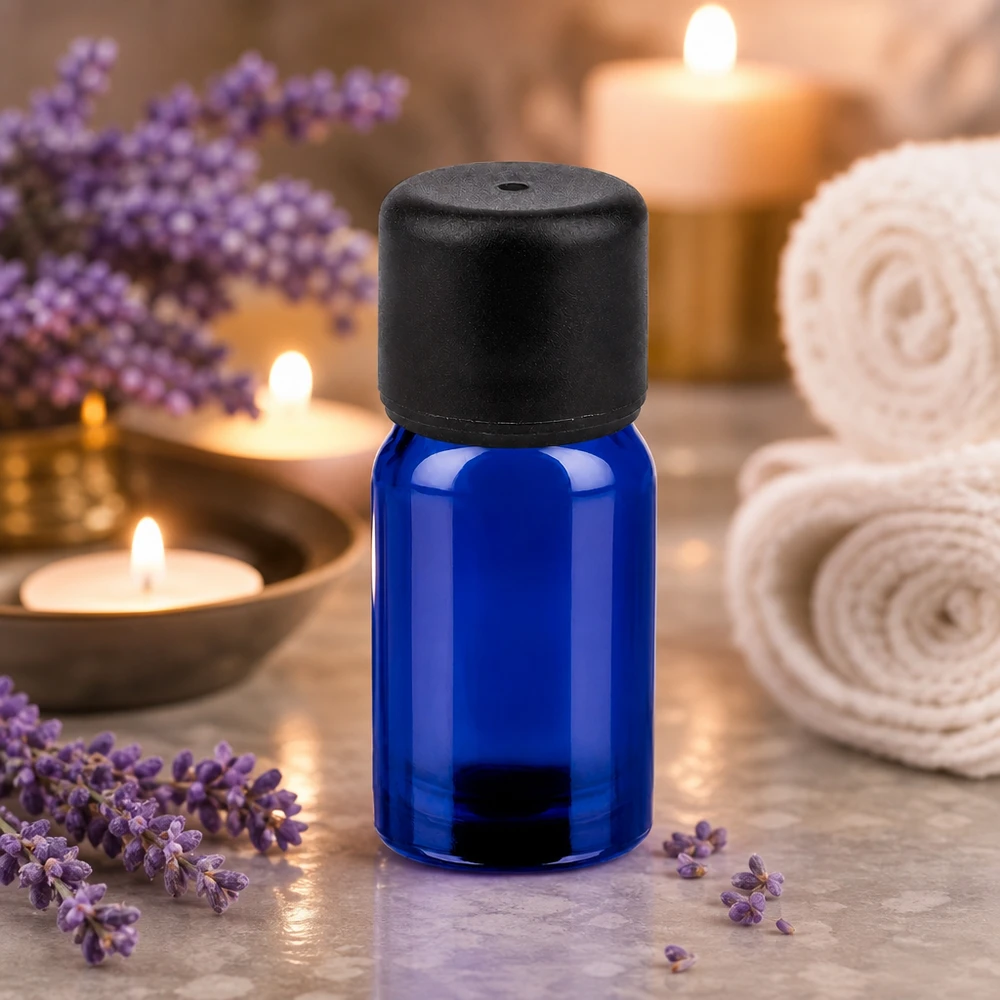 5ml láhev 6mm šroubovací uzávěr černá Standard BlueLine UT18/5 Robuste 5ml Glasflasche blau mit schwarzem Verschluss für sichere Aufbewahrung von Ölen