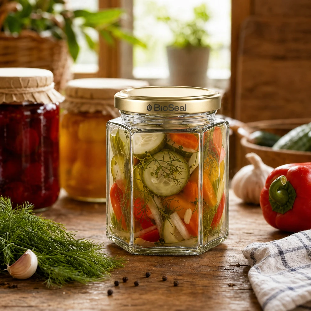 250g Honigglas sechseckig mit eingelegtem Gemüse befüllt BioSeal Golddeckel rustikale Küche Dill Paprika Gurken