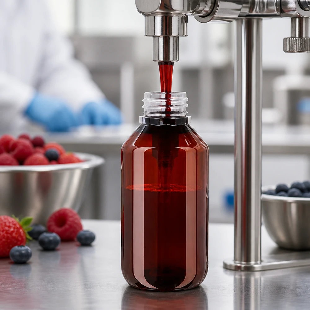 Pharmagerechte Abfüllung roter Flüssigkeit in 100ml PET Flasche mit weisser Dispenserpumpe