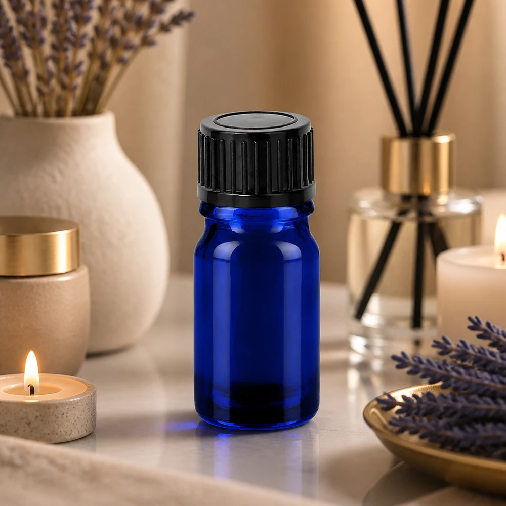 5ml láhev 11mm šroubovací uzávěr černá Standard BlueLine UT18/5 Premium 5ml Glasflasche BlueLine mit matt-schwarzem Verschluss für hochwertige Öle