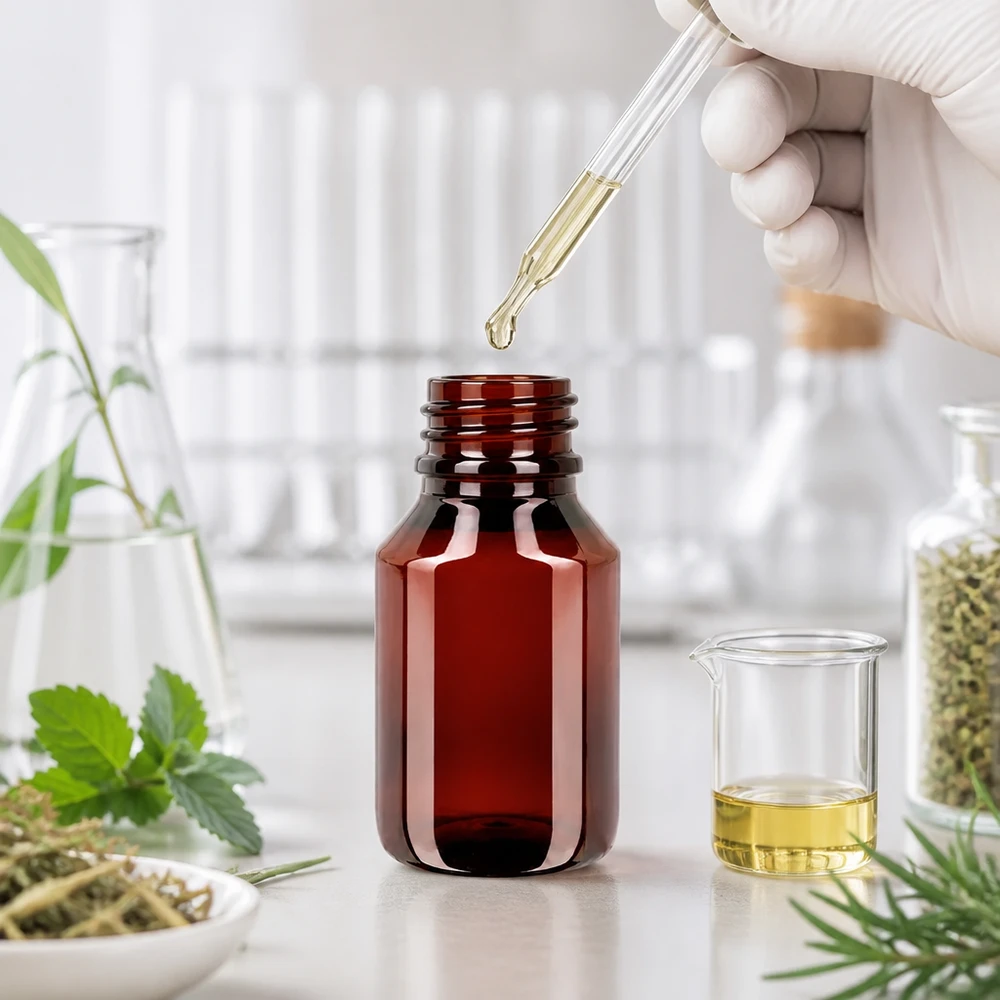 Hnědá PET láhev o objemu 50 ml se zeleným uzávěrem typu OV pro éterické oleje a přírodní extrakty