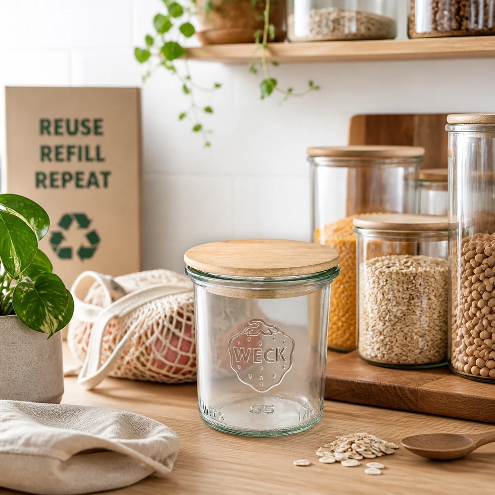 WECK Sturzglas 140ml RR60 Holzdeckel in nachhaltiger Zero-Waste Küche mit Vorratsgläsern und Recycling-Symbol