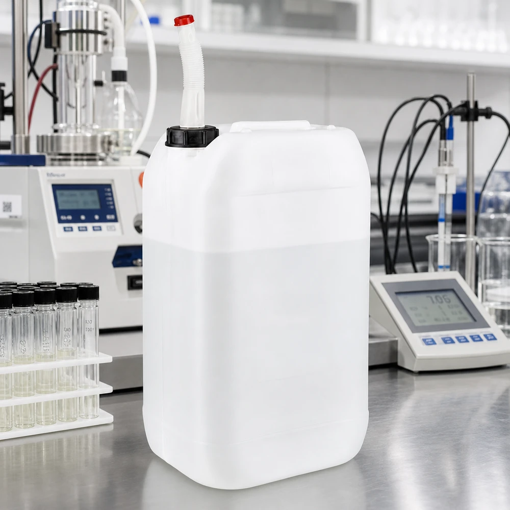 Kanystr o objemu 15 litrů s výpustnou trubkou Flex Chemikalienkanister 15 Liter mit flexiblem Auslaufrohr neben pH-Meter im Labor