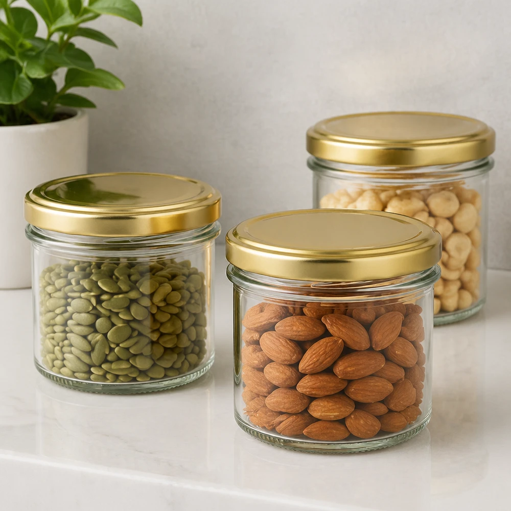 125ml kelímky s víčkem BasicSeal zlaté UNiTWIST 125ml Sturzgläser mit BasicSeal Deckel gold für Nüsse und Trockenfrüchte - elegante Aufbewahrung in der Küche