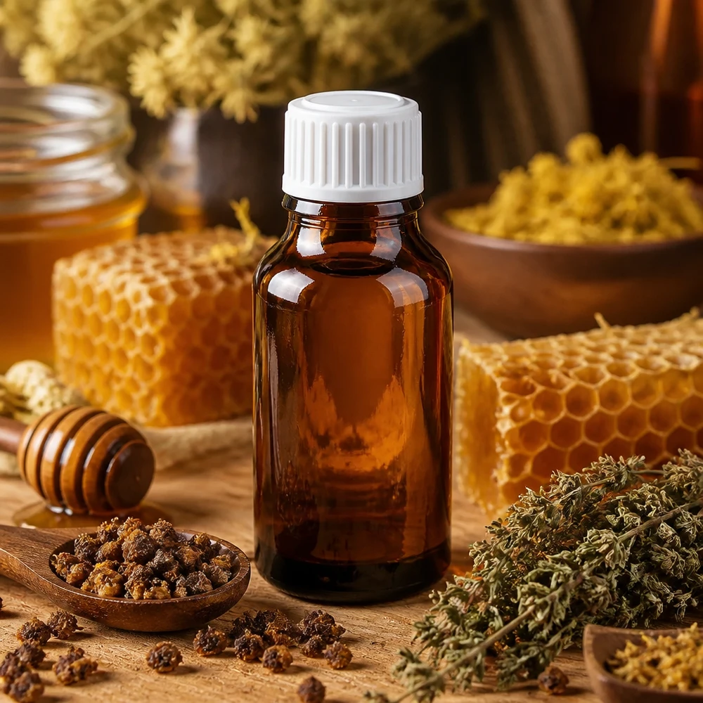 Lékárenská lahvička hnědá 15ml šroubovací uzávěr bílý standard. Apothekerflasche braun 15ml weißer Schraubverschluss umgeben von Bienenprodukten und Thymian