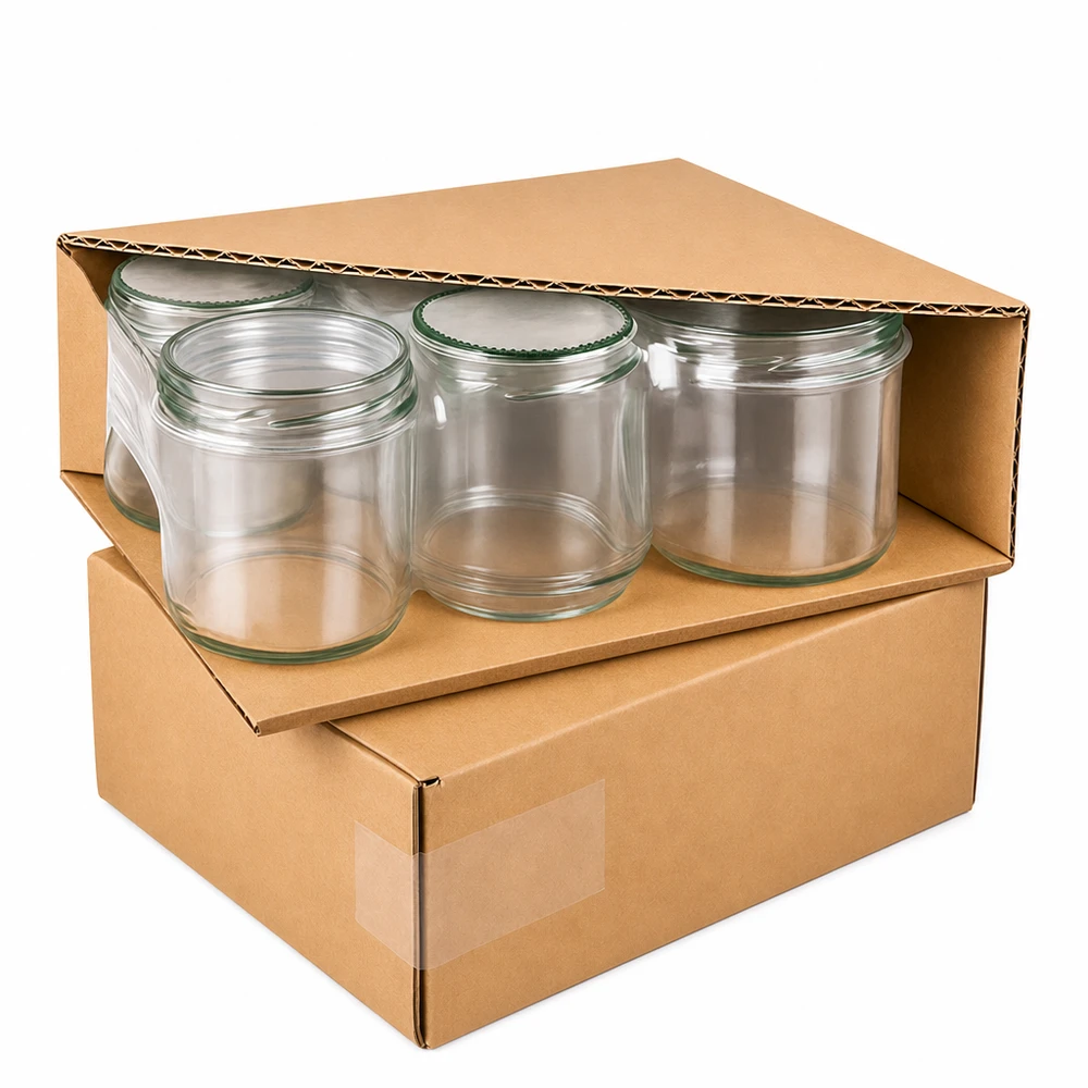 Drei 230ml Zylindergläser in Versandverpackung aus Karton, sichere Lieferung von Einmachgläsern