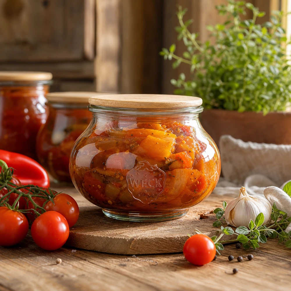 560ml dóza na šperky WECK RR80 s dřevěným víčkem WECK Vorratsglas 560ml mit Holzdeckel gefüllt mit Tomatenaufstrich in rustikaler Küche mit frischen Zutaten
