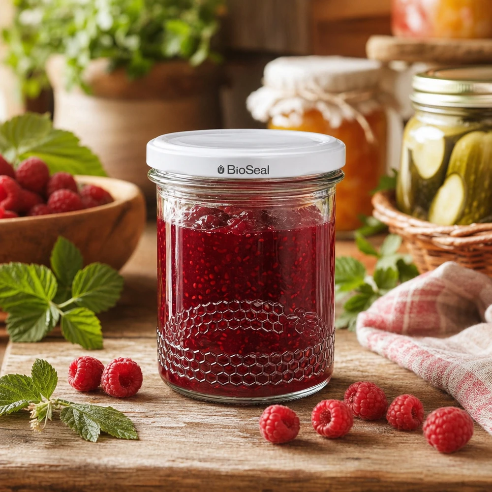 Raspberry Marmelade im 400ml Honigglas mit BioSeal Deckel umgeben von frischen Himbeeren auf Holzbrett