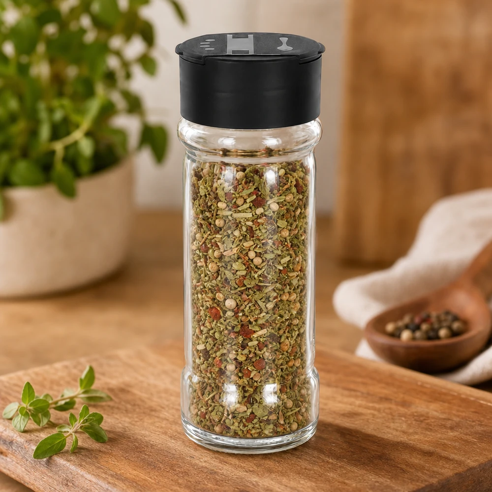 Dóza na sůl/koření 100ml s dvojitým šejkrem černá Rundes Gewürzglas 100ml mit grünen Kräutern und roten Flocken befüllt schwarzer Deckel