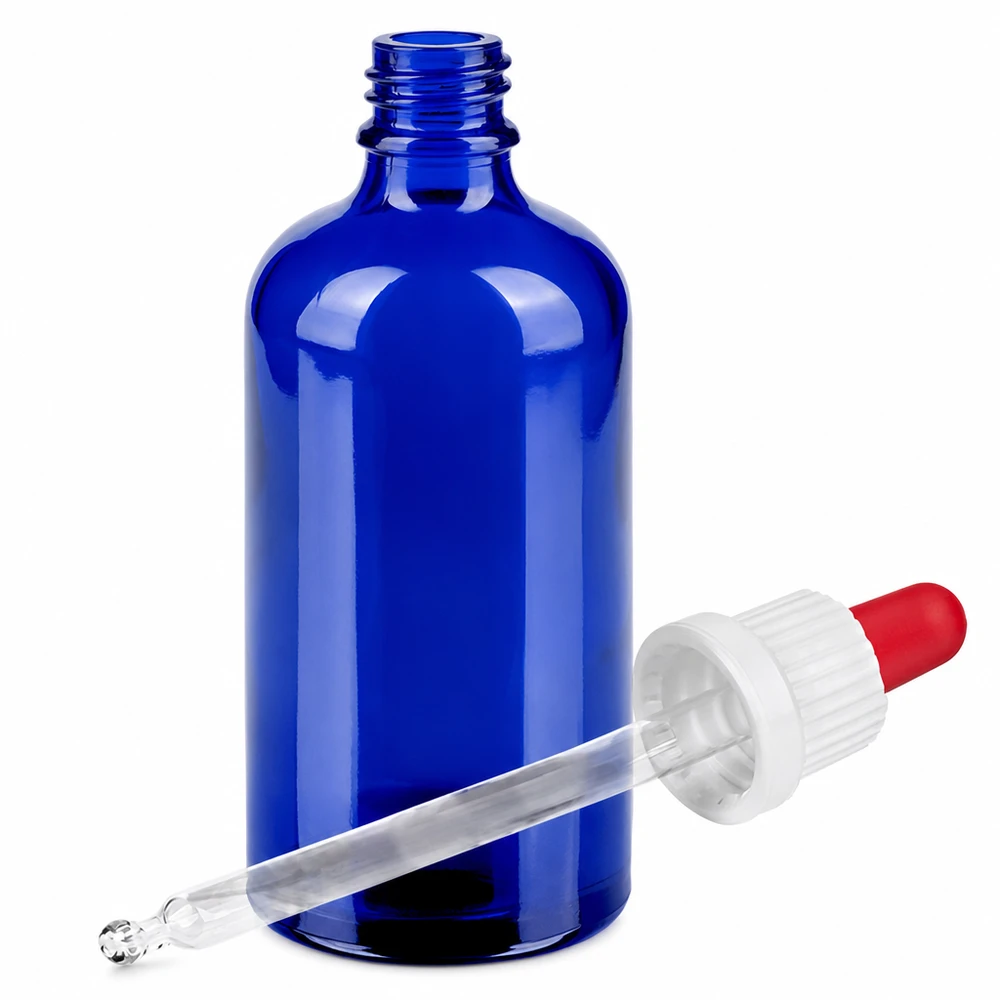 100ml Apothekerflasche aus blauem Glas - professionelle Aufbewahrung mit Dosierungshilfe
