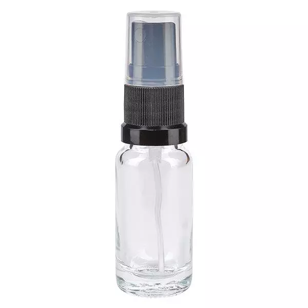 Lékárenská lahvička čirá 10ml s rozprašovacím víčkem černá Lékárenská lahvička čirá 10ml s rozprašovacím víčkem černá
